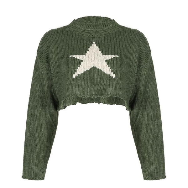 Knitted star pattern contrast long sleeve crewneck crop top