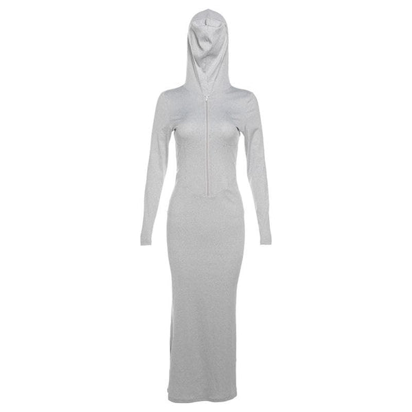 Hoodie long sleeve zip-up ribbed solid maxi dress