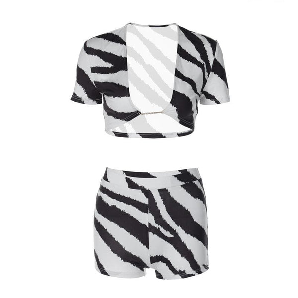 Metal chain zebra print short sleeve contrast low cut pant set