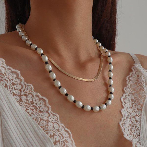 Faux pearl beaded snake chain 2 pcs necklace
