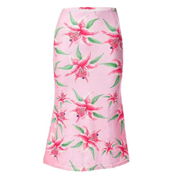 Flower print contrast high rise midi skirt