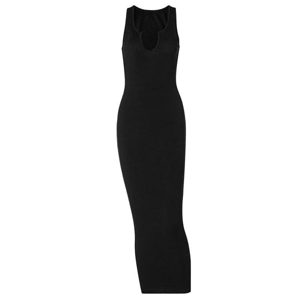 Ribbed notch neck sleeveless low cut solid maxi dress