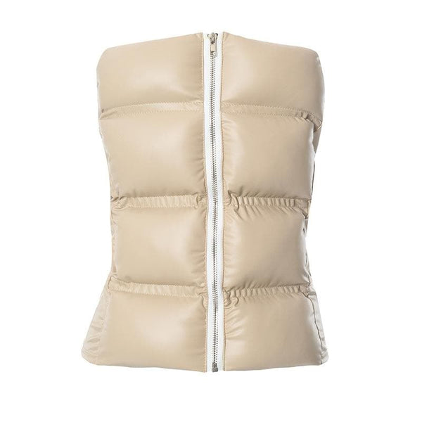 Zip-up PU leather solid winter tube top