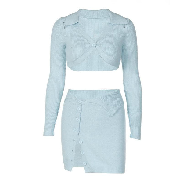 Button knitted solid long sleeve turnover collar mini skirt set