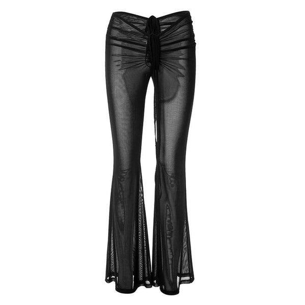 Ruched self tie low rise sheer mesh see through flared pant