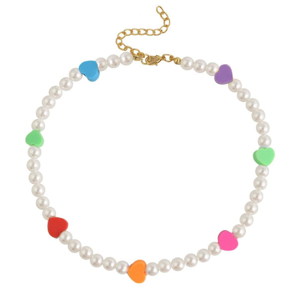 Faux pearl heart beaded multicolor clay necklace