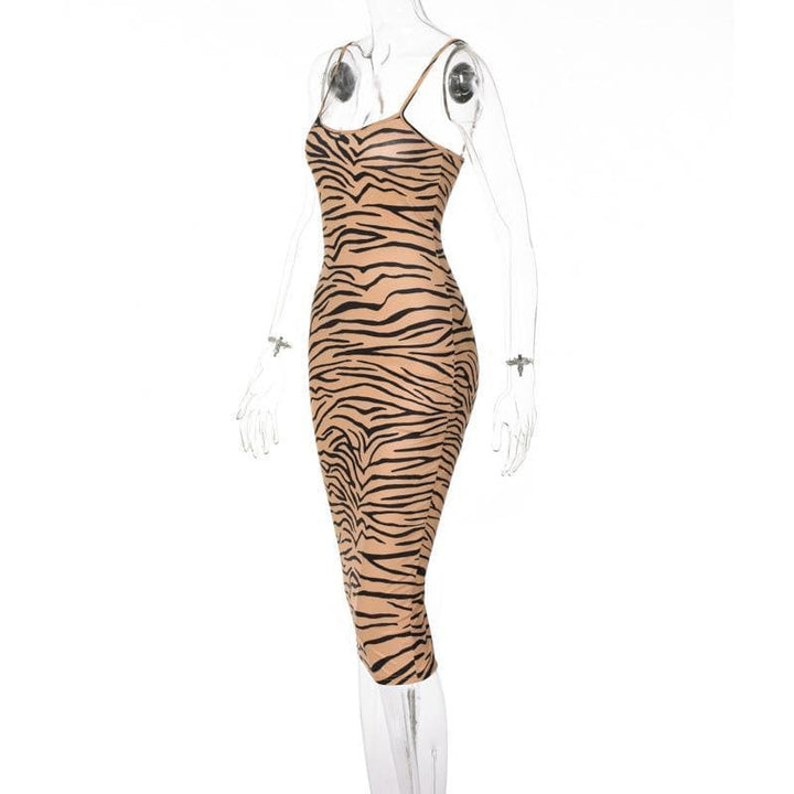 Round neck zebra print slit cami midi dress - Halibuy