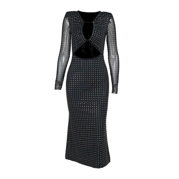 Polka dot contrast hollow out long sleeve mesh midi dress