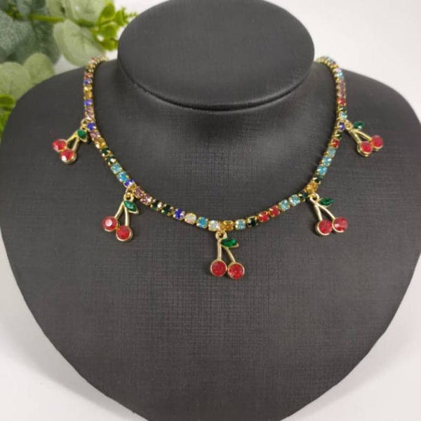 Cherry pendant multicolor choker necklace