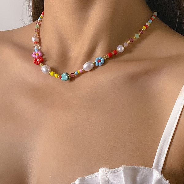 Beaded multicolor faux pearl flower clay choker necklace
