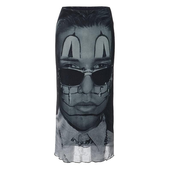Falda midi de malla con volantes y talle bajo con estampado abstracto en contraste 