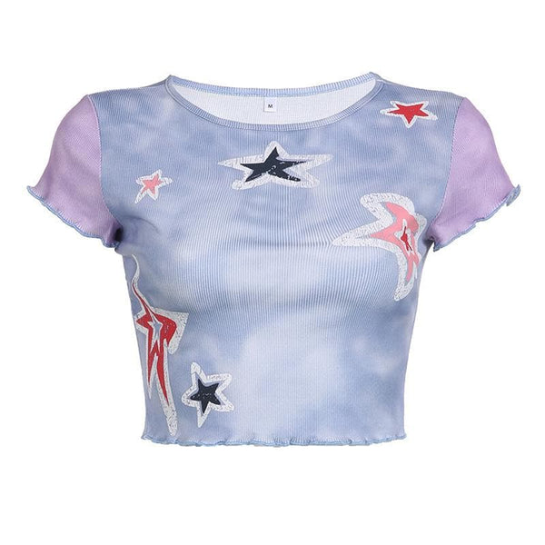 Ruffle star pattern contrast cap sleeve tie dye crop top