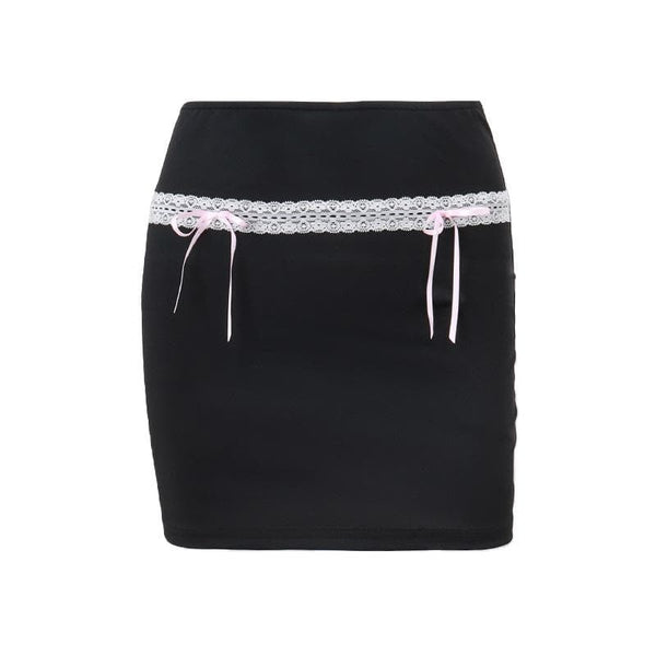 Bowknot lace hem ribbon A line contrast mini skirt