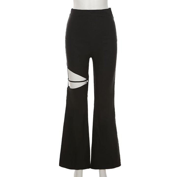 Zip up hollow out flared solid pant - Halibuy