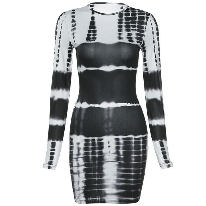 Long sleeve crewneck tie dye bodycon dress - Halibuy