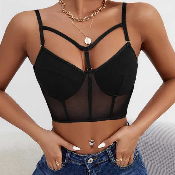 Mesh backless low cut bustier solid hollow out cami cut out top
