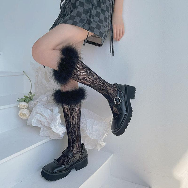Feather lace hollow out knee high socks