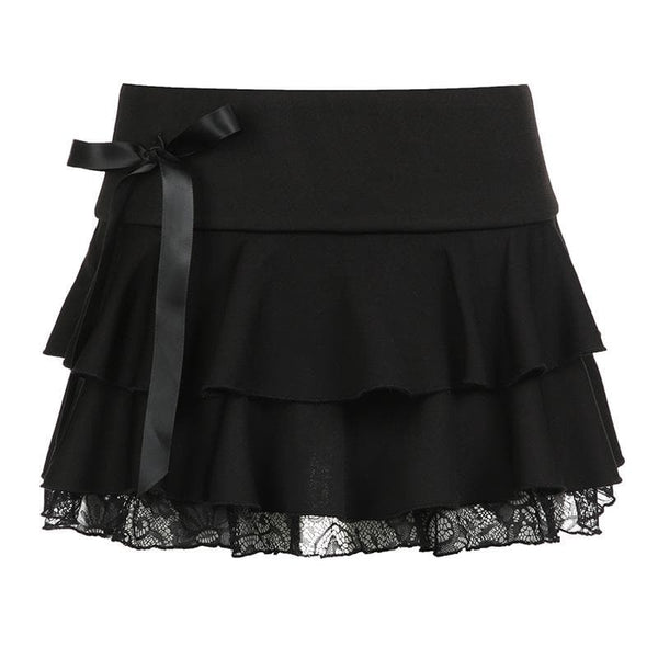 Bowknot solid ruffle lace hem low rise mini skirt