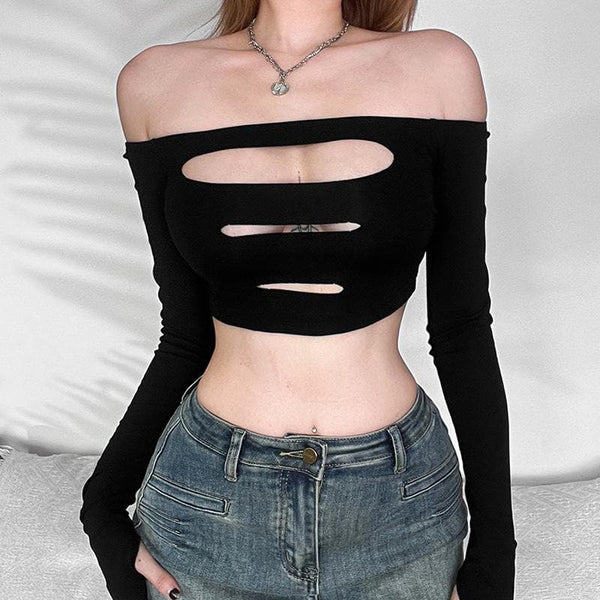 Hollow out off shoulder gloves long sleeve solid crop cut out top