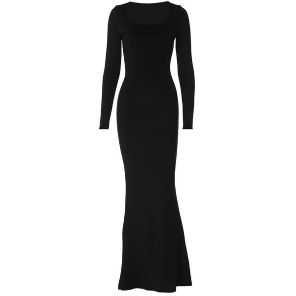 Lace up solid long sleeve square neck maxi dress
