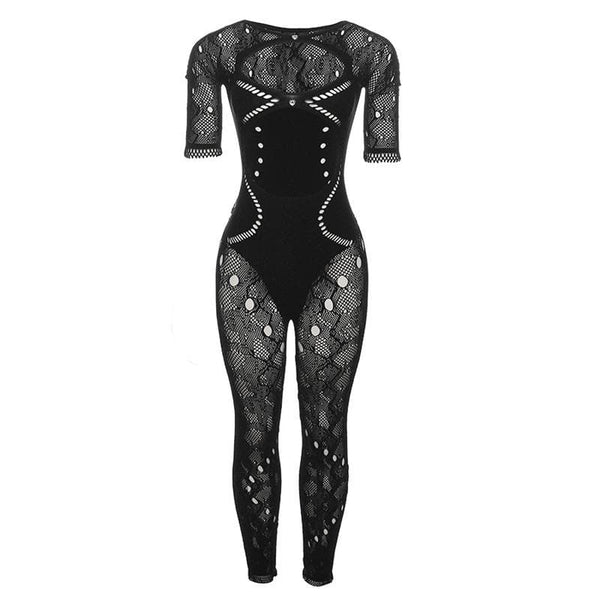 Hollow out short sleeve button fishnet solid jumpsuit