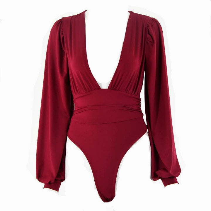 Deep v neck ruched solid bodysuit - Halibuy