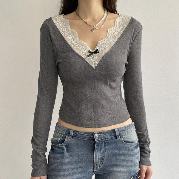 Lace hem v neck contrast bowknot long sleeve textured top