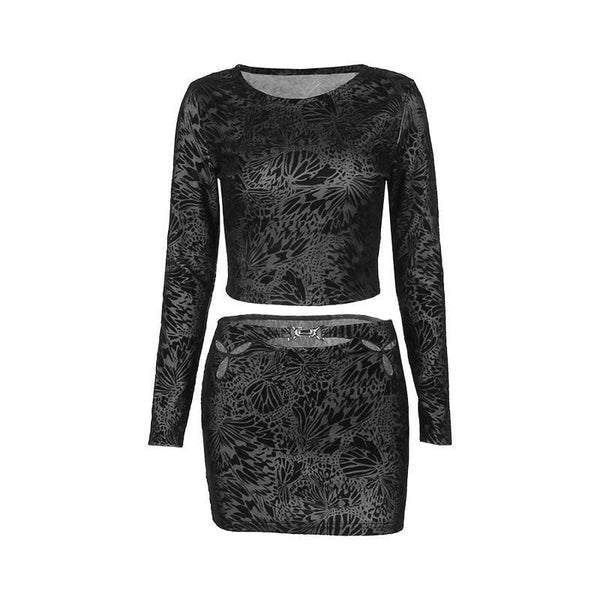 Long sleeve textured round neck hollow out mini skirt set