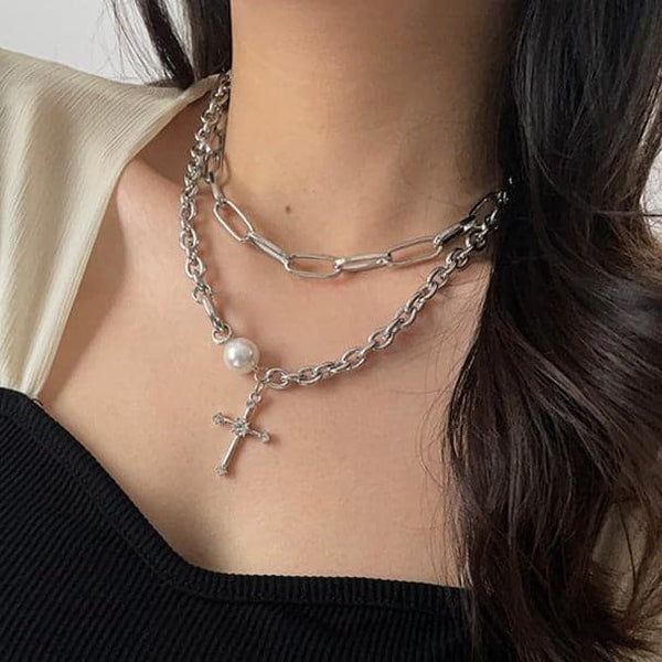 Cross faux pearl layered chain choker necklace