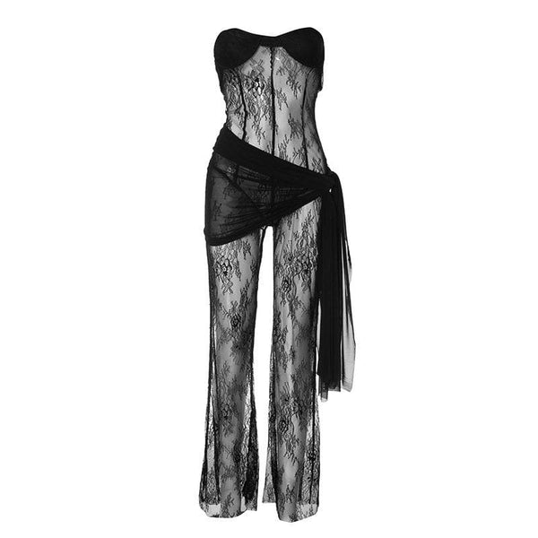 Lace see through solid self tie irregular backless tube jumpsuit