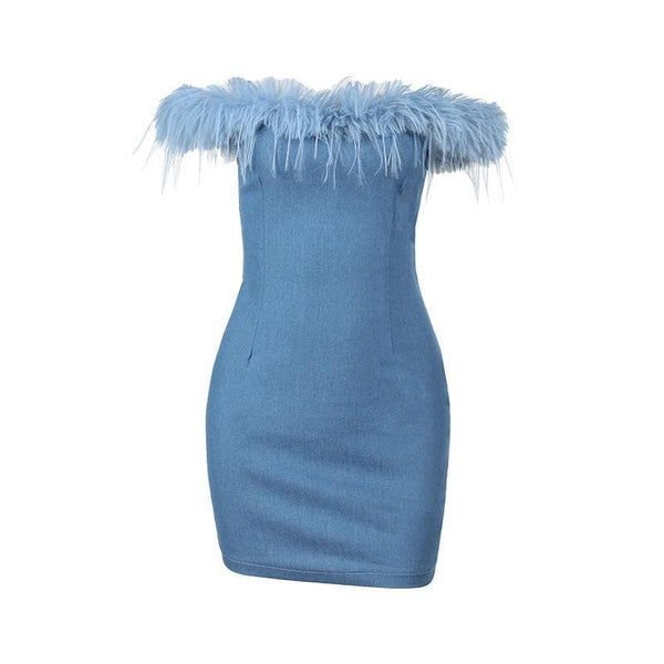 Feather off shoulder solid backless zip-up denim mini dress