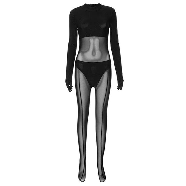 Gloves long sleeve mesh patchwork solid zip-up jumpsuit