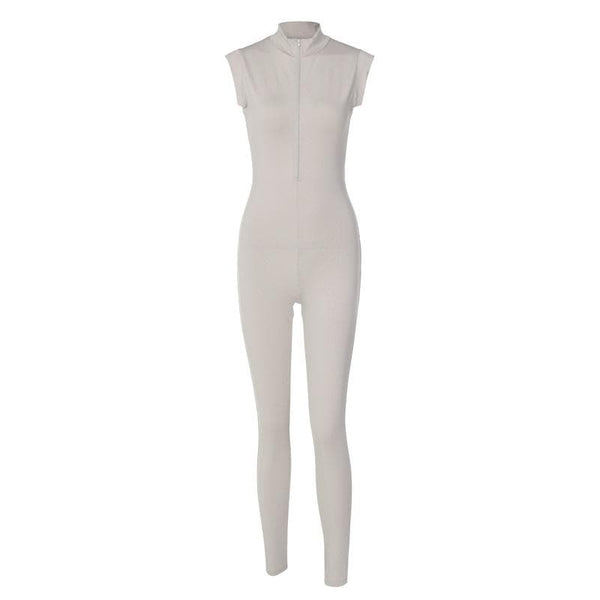 Cap sleeve zip-up high neck solid jumpsuit