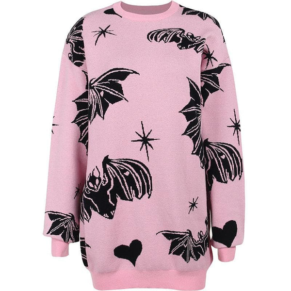 Long sleeve crewneck bat print contrast knitted sweater top