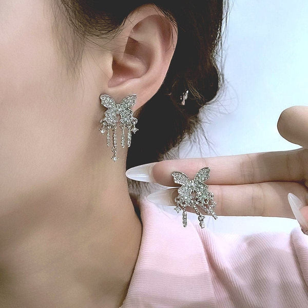 Butterfly pendant tassels rhinestone earrings